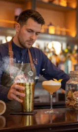 A bartender mixes cocktails at a warm, inviting hotel bar.