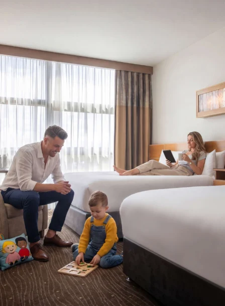 Family relaxing in a modern hotel room; child playing, parents unwinding.