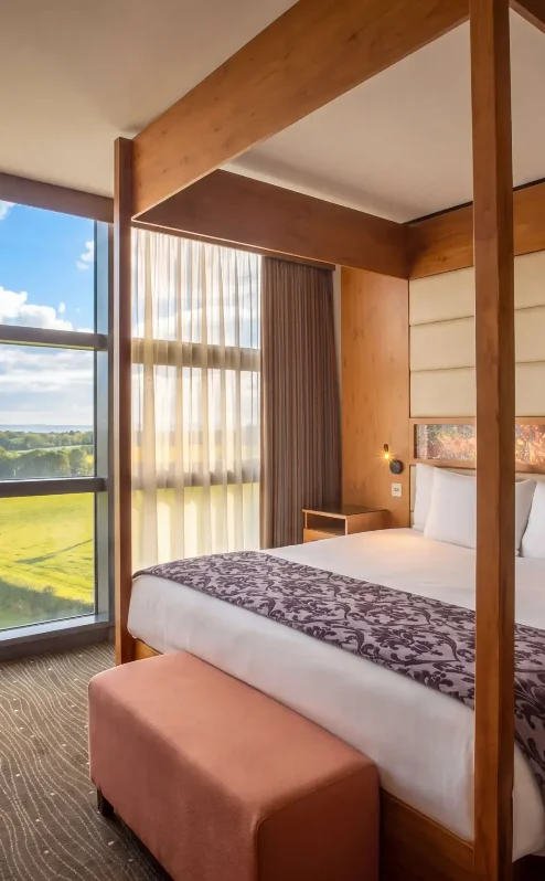 Luxurious hotel room with scenic countryside view at The Gateway Hotel Dundalk.
