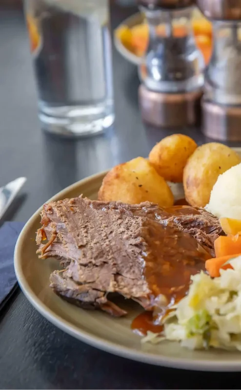Delicious roast dinner with potatoes and vegetables at The Gateway Hotel Dundalk.