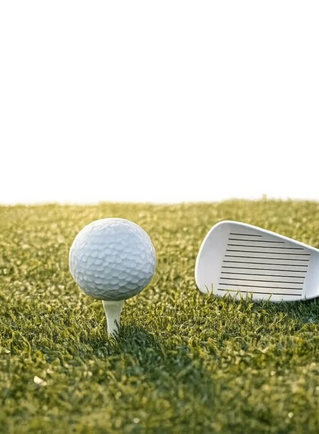 Close-up of a golf ball on a tee with a golf club on lush green grass.