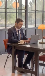 Businessman working on laptop in sunlit hotel lounge with modern décor.