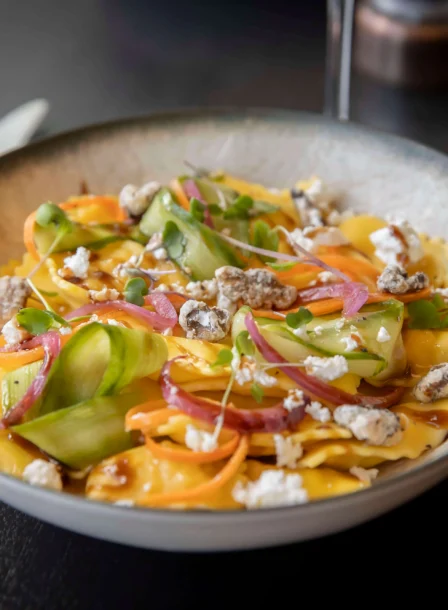 Fresh ravioli dish garnished with vegetables at The Gateway Hotel Dundalk restaurant.