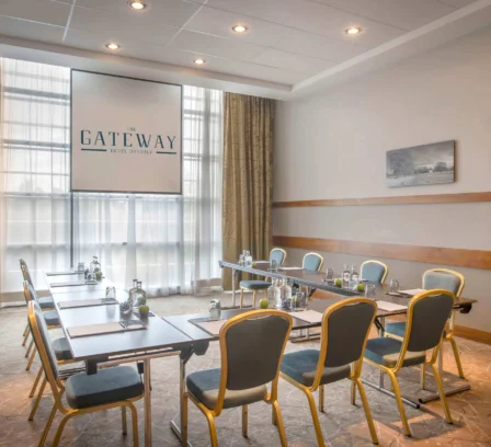 Modern meeting room at The Gateway Hotel, Dundalk, set for business or family gatherings.