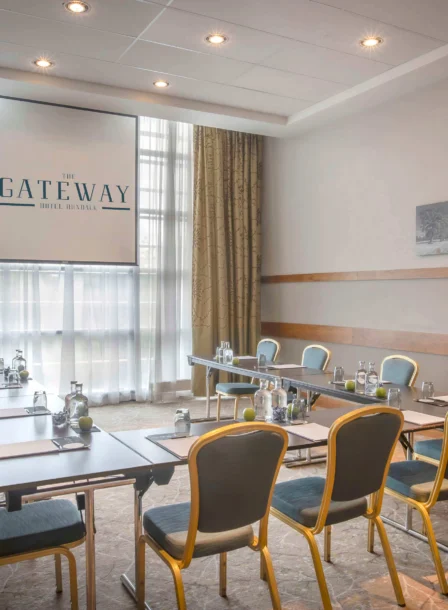 Modern meeting room at The Gateway Hotel, Dundalk, set for business or family gatherings.