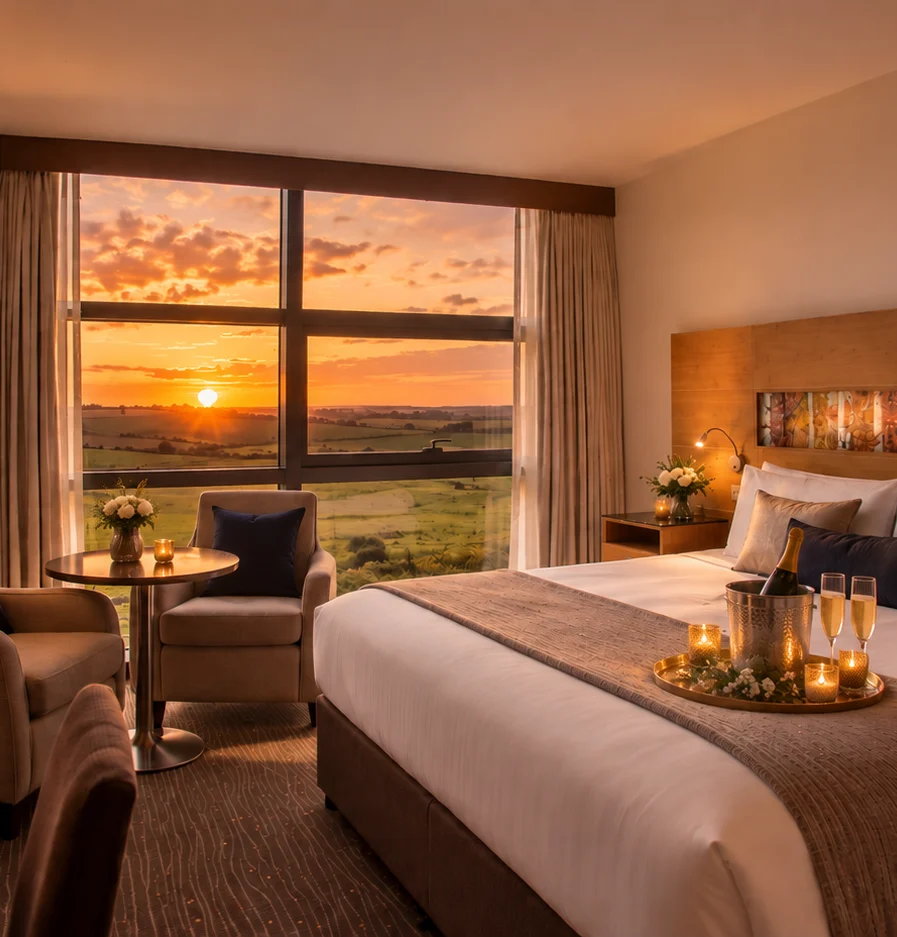 Sunset-lit hotel bedroom with a family-friendly seating area, king bed, champagne and candles, countryside view