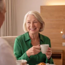 Elderly couple enjoying coffee in cosy hotel room, bright and welcoming atmosphere.