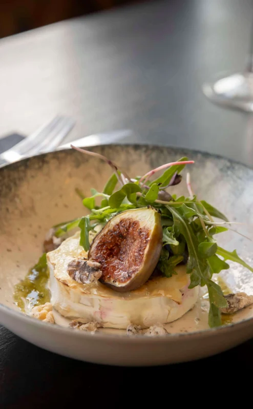A delicious fig and cheese salad with wine at The Gateway Hotel, Dundalk.