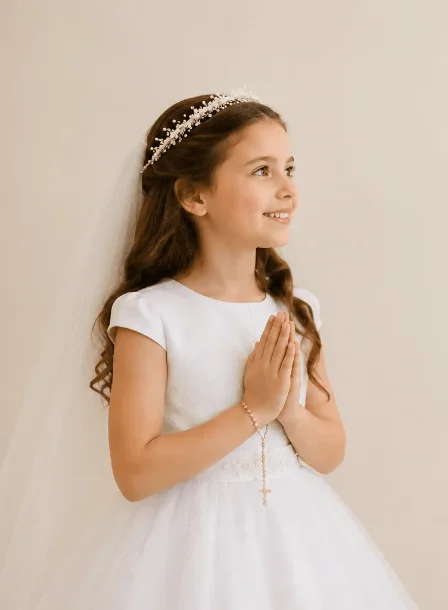 Young girl in white dress with veil, smiling and holding rosary, against neutral background.