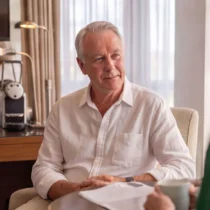 Older couple enjoying coffee in a cosy hotel room at The Gateway Hotel Dundalk.
