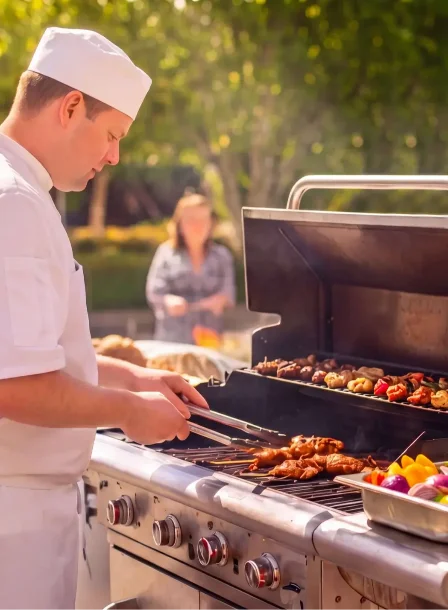 A chef grills vegetables and skewers outdoors at The Gateway Hotel garden, families relax nearby.