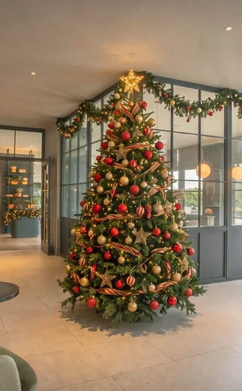 Festive hotel lobby with a decorated Christmas tree and welcoming seating area.