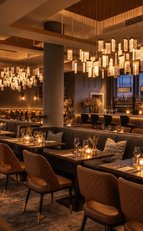 Elegant hotel restaurant with warm lighting, cosy seating for couples and families.