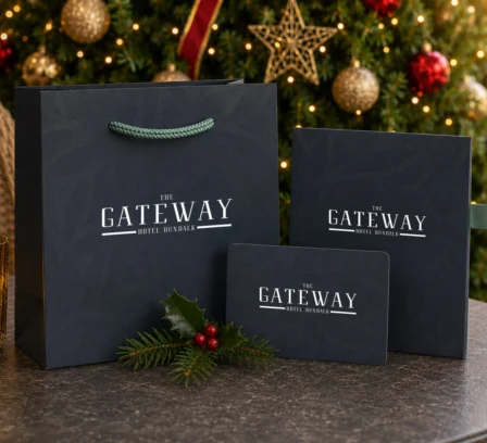 Festive gift set by Christmas tree at The Gateway Hotel Dundalk.