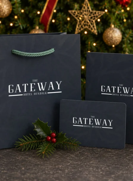 Festive gift set by Christmas tree at The Gateway Hotel Dundalk.