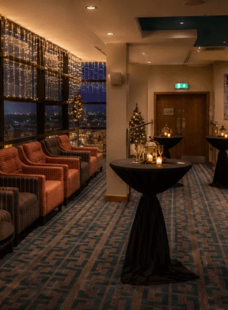 Elegant lounge with festive lights and seating at The Gateway Hotel, Dundalk.