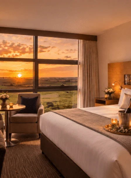 Family enjoying sunset view from a cosy hotel bedroom with king bed, champagne and candles